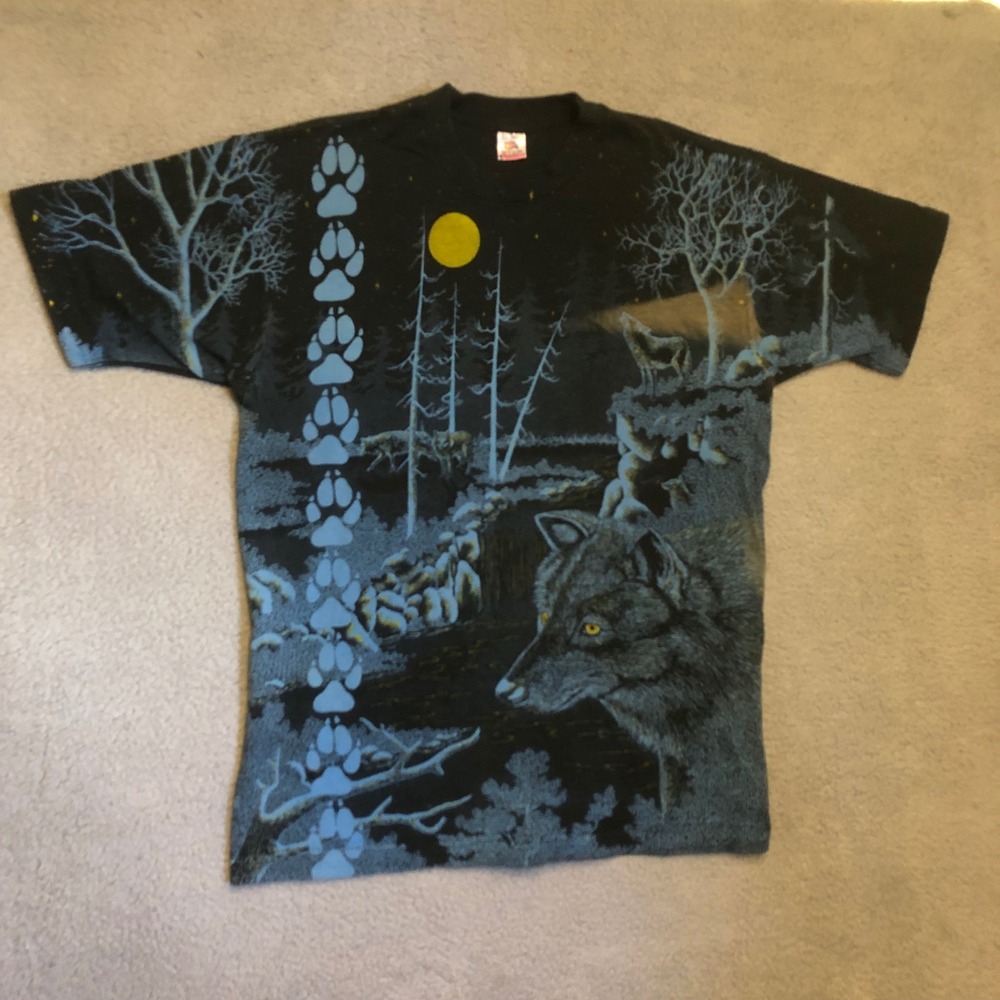 Vtg 90s Wolf Moon All Over‎ Print Shirt XL 2XL Fruit of the Loom Single Stitch T